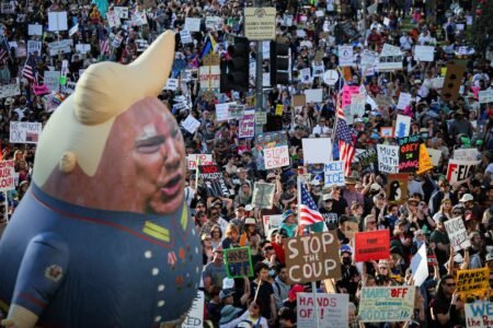 Trump and Musk denounced as hundreds protest in cities throughout US: ‘The politics of Mussolini’